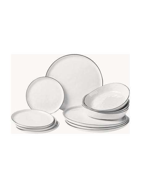 Ručně vyrobená porcelánová sada nádobí Salt, pro 4 osoby (12 dílů), Porcelán, Tlumeně bílá, se černým okrajem, Pro 4 osoby (12 dílů)