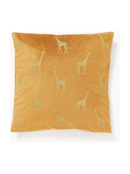 Geborduurde fluwelen kussenhoes Elefco, 100% polyester fluweel, Okergeel, goudkleurig, B 45 x L 45 cm