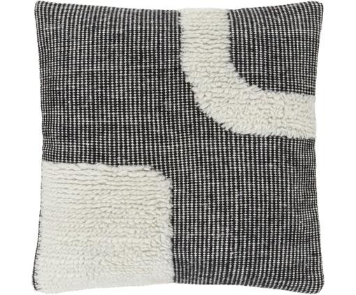Handgewebte Kissenhülle Wool in Schwarz/Cremeweiß mit kuschligem Muster