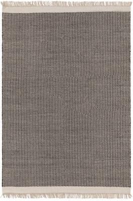 Handgewebter Wollteppich Kim in Schwarz/Creme, mit Fransen