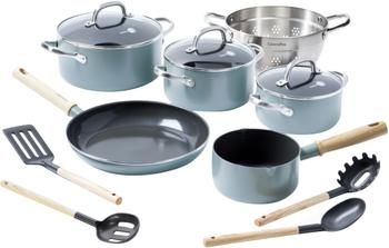 Kookset Mayflower in blauw met antiaanbaklaag, 10-delig