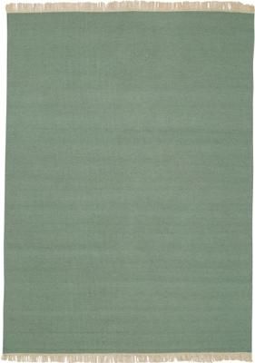 Handgeweven Kelim vloerkleed Rainbow van wol in groen met franjes