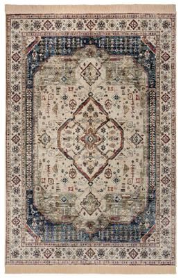 Viskoseteppich Jasmine im Vintage-Style mit Fransen in Beige/Blau