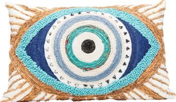 Geborduurd kussen Ethno Eye met juten decoratie, met vulling