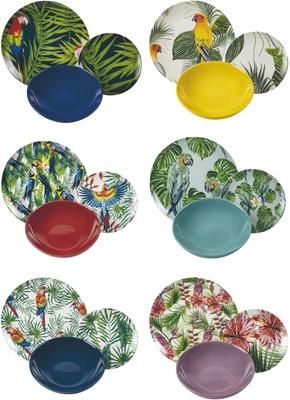 Set stoviglie colorate in porcellana Parrot Jungle, 6 persone (18 pz)
