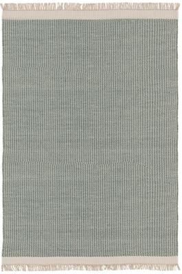 Handgewebter Wollteppich Kim in Grün/Creme, mit Fransen