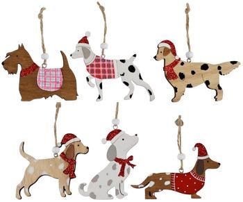 Holz-Baumanhänger-Set Christmas Dogs B 11 cm, 12 Stück