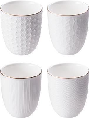 Handgemachte Porzellan-Becher Nippon mit Struktur und Goldrand, 4-er Set