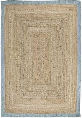 Handgefertigter Jute-Teppich Shanta mit taubenblauem Rand
