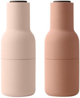 Designer zout- en pepermolen in roze tinten met walnoothouten deksel