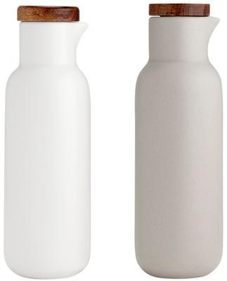 Azijn- en olie-dispenser Essentials van porselein en acaciahout, 2-delig
