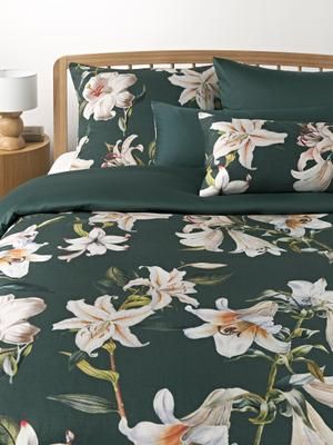 Housse de couette en satin de coton vert foncé avec imprimé floral Flori