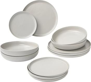 Geschirr-Set Rhea mit Relief in Hellgrau, gesprenkelt, 4 Personen (12-tlg.)