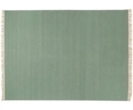 Tappeto in lana tessuto a mano Rainbow in verde con frange
