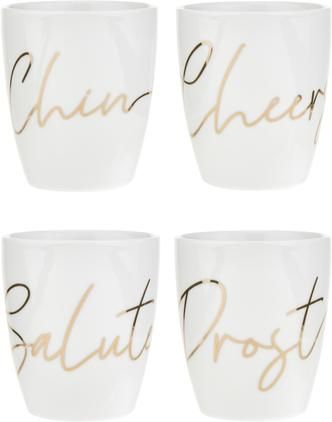 Set 4 tazze in porcellana con scritta dorata Cheers