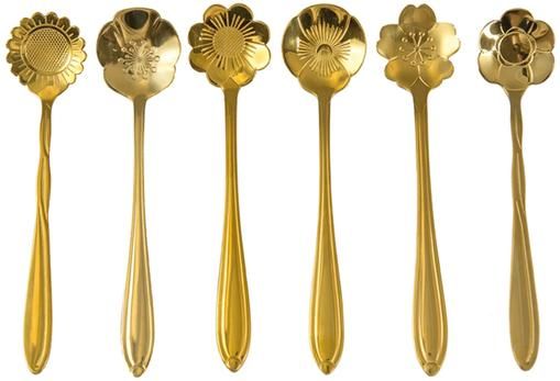 Goldfarbenes Teelöffel-Set Flower in verschiedenen Formen, 6er-Set