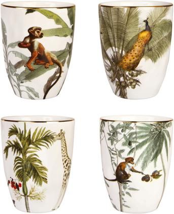 Becher Animaux mit Goldrand und tropischen Motiven, 4er-Set