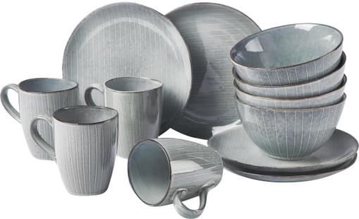 Handgemachtes Frühstücks-Set Nordic Sea aus Steingut, 4 Personen (12-tlg.)