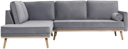 Samt-Ecksofa Saint (3-Sitzer) in Grau mit Eichenholz-Füßen