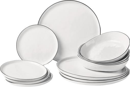 Handgemachtes Geschirr-Set Salt mit schwarzem Rand, 4 Personen (12-tlg.)