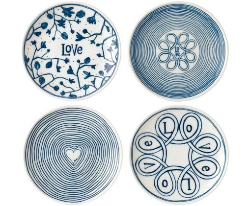 Brotteller-Set Love, 4-tlg., Porzellan, Elfenbein, Kobaltblau, Ø 16 cm